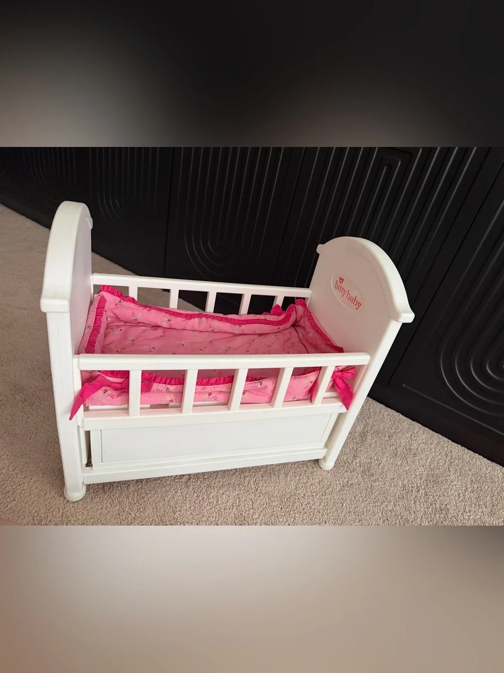 American Girl Bitty Baby Crib Bed storage Drawer Bumper mattress pink
